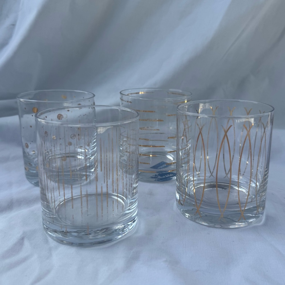 Set of 4 Mikasa Gold Metallic Retro Atomic Patterned Glasses, Lowball Cocktail